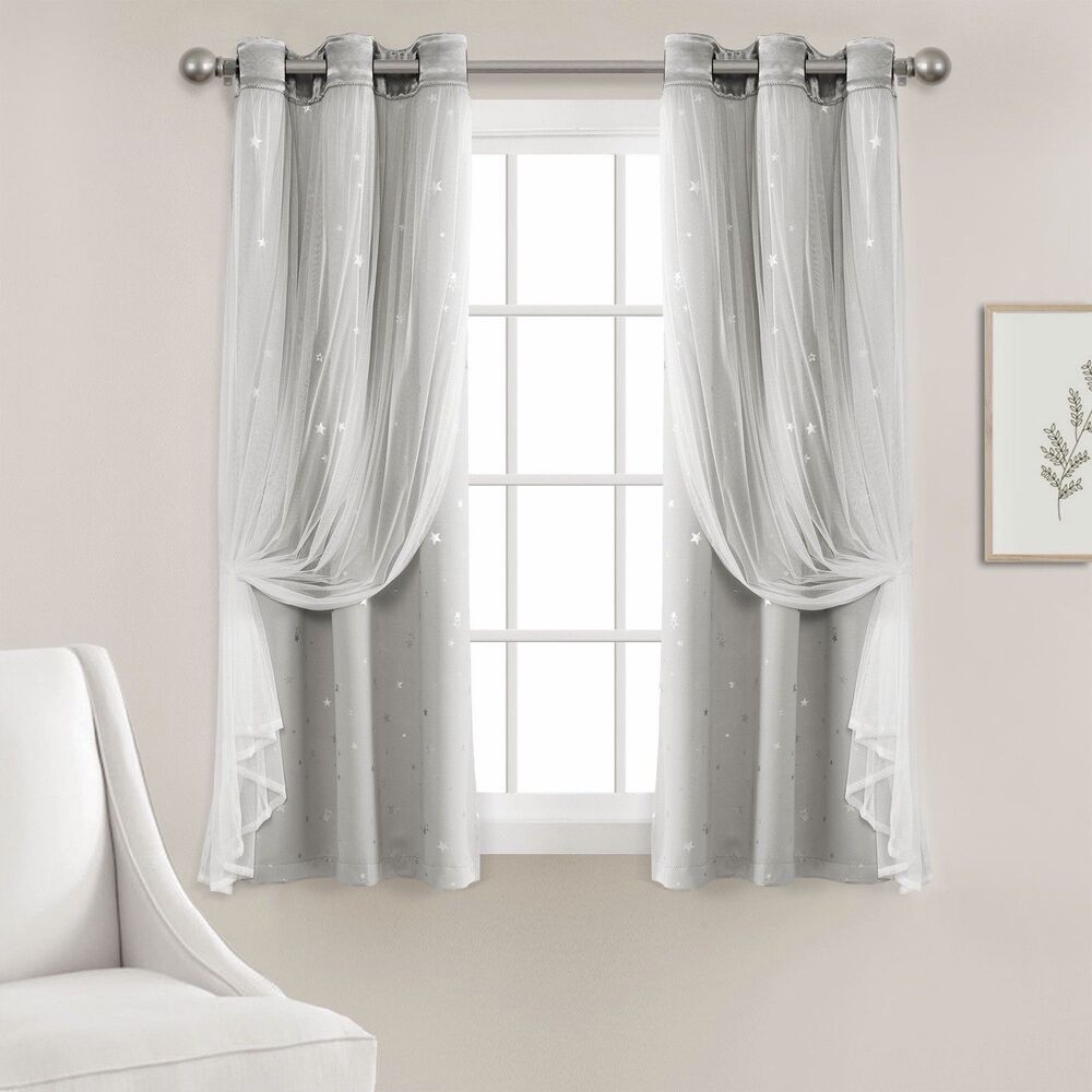 Lush Décor Kids Star Sheer Insulated Blackout Curtain Panel Set 38x63 Light Gray